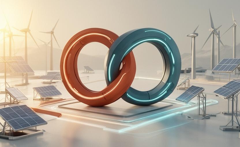 Efficient resource loops visual with renewable energy symbols in warm tones