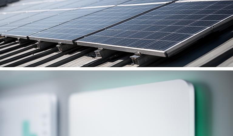 Solar panels on an industrial roof alongside energy dashboard screens showing consumption trends