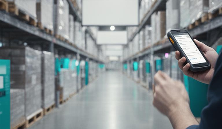 Efficient warehouse with streamlined logistics, pallets arranged by route and staff using handheld scanners