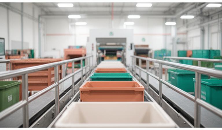 Sorted recyclable materials being processed in a clean sorting facility with labels and bins